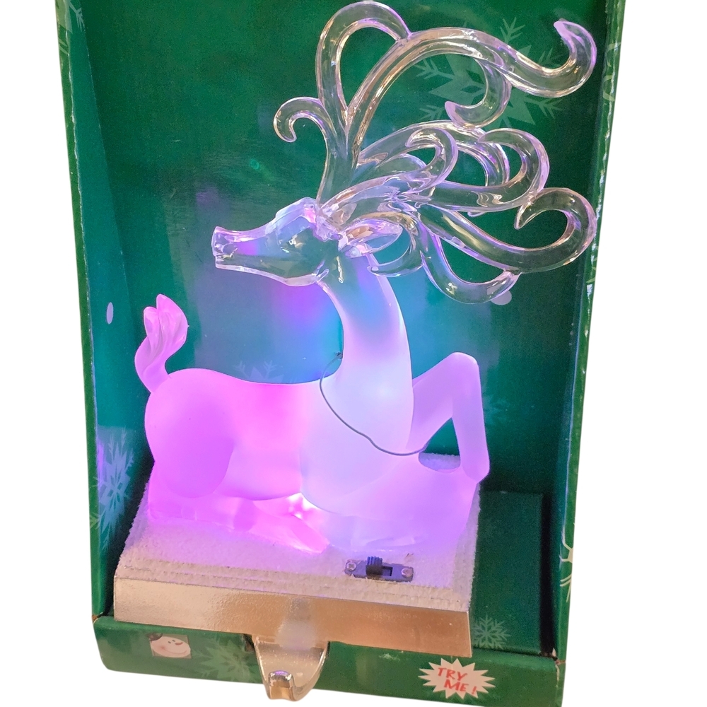 Lighted Acrylic Reindeer Stocking Holder Frosted Deer Christmas Mantel Decor NIB - Picture 5 of 7